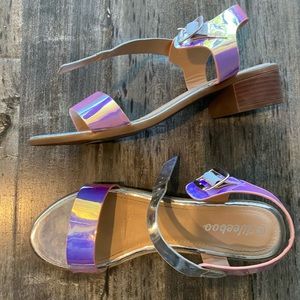 Iridescent faux patent leather sandals